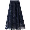 Dazzerake Gonna Lunga Elegante in Tulle da Donna Gonna Longuette Casual a Vita Alta con Ricamo Floreale 3D Tinta Unita Fashion Design (Blu, Taglia Unica)