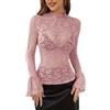 Goolecrimp Camicetta Elegante E Sexy in Pizzo da Donna Camicetta Trasparente con Colletto alla Moda E Maniche A Lanterna Top Versatili Aderenti E alla Moda Casual da Strada (Rosa,L)