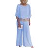Suncadmious Set di Pantaloni in Chiffon a Due Pezzi per Donna Paillettes 3/4 Manica a Pipistrello Elegante Pantalone Abiti Formali Festa Serale (Azzurro Cielo,3XL)