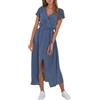 iSpchen Abito Estivo da con Scollo a V e Gonna a Balze Floreale con Cintura,Blu,XL