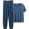 OFFSUM Set Pigiama da Uomo - Top in Cotone A Maniche Corte con Scollo A V E Pantaloni Lunghi Indumenti da Casa in Due Pezzi Indumenti da Notte Estivi Casual in Tinta Unita di Grandi Dimensioni,Blu