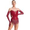 Loodgao Abito da Ballo Latino Americano Donna Pattinaggio Artistico con Nappe Strass Frange Body Danza Classica Moderna + Guanti Lunghi Leotards Costume Danza del Ventre Rosso S