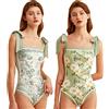 HIDRUO Women Floral One Piece Swimsuits, Square Neck Reversible Tie Shoulder Monokini, Tummy Control Bathing Suits (M, Pink)
