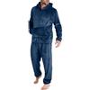 Cexiakong Pigiama lungo da uomo, in pile, con cappuccio e pantaloni da sonno, set pigiama da uomo e adolescente, in flanella, set invernale lungo, con cappuccio termico, Blu marino, XXL