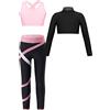 TiaoBug Completo Sportivo Bambina Tuta da Ginnastica Danza Yoga Reggiseno Sportivo Canotta + Maglietta Maglia Manica Lunga + Leggings Sportivi Tuta Danza Moderna Jazz Hip Hop Rosa 7-8 anni