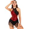 inhzoy Donna Body da Danza Ballo Latino Americano con Paillettes Nappa Vestito da Pattinaggio Artistico Frange Lustrino Leotards Senza Maniche da Classica Ballerina Jazz Samba Rosso M