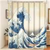 Xiaoterna Tenda da doccia pittura tradizionale giapponese Tenda da bagno giapponese con onde dell'oceano Tenda da doccia impermeabile con onda marina astratta e barca di legno 180x180cm
