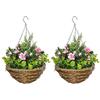 Outsunny Set 2 Piante Finte di Lisianthus con Vaso e Gancio, Piante Artificiali in PE e Vimini, Ø25x34 cm, Verde e Rosa