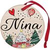 Corredino Neonato Pallina di Natale Personalizzata con Nome Nina, cerchetto piatto per Decorazione Natalizia con Nastro Rosso - made in Italy - Addobbo Albero diametro 8 cm in Legno, nome Nina
