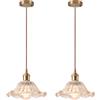 LIGKIN Set di 2 Lampada a Sospensione Industriale Vintage Ottone Lampadario Creativo Fiori Paralume in Vetro E27 Plafoniera per Cucina Sala da Pranzo