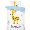 Pictogogo Set Lenzuola Personalizzate per Bambini con Nome, Federa e Copripiumino | Scelta del Colore del Cotone per Il Lato Inferiore, Scegli Testo, Carattere e Colore (Giraffa 2, 135x200)