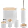 IlGruppone Set Completo Accessori Bagno 6 Pezzi Design Moderno in Plastica e bambù Incluso Cestino Pattumiera,Dispenser Sapone, PortaSaponetta, Porta Spazzolini - Bianco