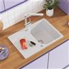 ANYCEE 65x45 cm Lavello Cucina 1 Vasca con Gocciolatoio, Lavello Bianco in Granito per Mobile di Base di Oltre 40cm, Lavandino Cucina 1 Vasca Bianco con 80% Sabbia di Quarzo, Troppopieno e Sifone
