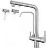 SJQKA Rubinetto Cucina 3 Vie per Depuratore, Miscelatore 360° con Doccetta Estraibile, Doppia Uscita per Acqua Filtrata + Acqua Calda/Fredda, Rubinetto Lavello Cucina (Spazzolato)
