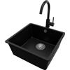 PRIMAGRAN Lavandino sottotop Nero 46x44cm, Lavello in Granito a 1 vasca + Rubinetto 32x20cm + Set di accessori, Lavabo da Cucina al Mobile 50cm - Venezia Easy S037