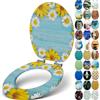 Sanfino® Premio Sedile WC ammortizzato - Copriwater Universale di alta qualità in legno, tanti motivi colorati, seduta comoda, facile da montare con istruzioni di montaggio incluse - Daisies