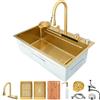 MaxTom Lavello Da Cucina In Oro, Nuovo Lavandino A Cascata In Acciaio Inossidabile, Lavello Bar, Workstation Bar Lavello Con Rubinetto Estraibile, Tagliere, Erogatore Di Sapone (Color : Gold, S : 68x45cm)