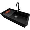 PRIMAGRAN Lavandino da Cucina Nero 86x47cm, Lavello in Granito a 1 vasca + Rubinetto 32x20cm + Set di accessori, Lavabo da Cucina Incasso al Mobile 90cm - Prague S678