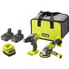 RYOBI ONE+ Pack duo perceuse meuleuse 18V sans fil - 2 batteries de 2Ah et un sac de transport