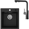CECIPA Lavello in granito nero, 40 x 45 cm, con rubinetto da cucina, estraibile, set per lavello da cucina, rettangolare, da incasso, in granito, certificato TÜV, lavabo da cucina con scarico e