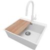 PRIMAGRAN Lavandino da Cucina Bianco 58x50cm, Lavello in Granito a 1 vasca + Rubinetto 40x20cm + Set di accessori, Lavabo da Cucina Incasso al Mobile 60cm - Oslo Top S423
