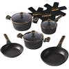 STONELINE Batteria Cucina 11 Pezzi 18/20/24 cm Set Padelle e Pentole con Coperchio, Pentola Padella Induzione Antiaderente con Vere Particelle di Pietra, Tutti i Piani Cottura, Colore: Nero/Oro Rosa