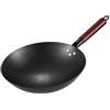 Shophubio Wok in ghisa non rivestita, 20 cm, con coperchio in legno, doppio manico, fondo piatto, per cottura a induzione, a gas, elettrici, non resistente (A)