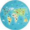 the carpet Happy Life - Tappeto da gioco per bambini, con mappa del mondo, terra, animali, Blu, 160 cm Rotondo