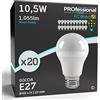 Eurocali 20x Lampadine LED E27 10.5W Opaca 1055 lumen - Forma: Goccia A60 - Luce Bianco Freddo 6500K - Fascio Luminoso 200°