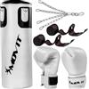 MOVIT Set Sacco da Boxe - 25kg, in PVC, Riempito, Altezza Sacco 80cm, Guantoni da Boxe, Bende, per Adulto, Nero o Bianco - Kit Pugilato, Allenamento Arti Marziali, Kick Boxing, MMA, Fitness