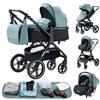 GLOKID Passeggino 3 in 1, Passeggino Canne, Trio,adattatori universali, carrozzina per bambini fino a 25 kg, 4 ruote con ammortizzatori, navicella, grandi ruote, pieghevole con（X1 Verde）