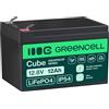 Green Cell Cube LiFePO4 Batteria 12Ah 12.8V - Batteria al litio di ferro fosfato per camper, barche, impianti solari, sistemi off-grid, con BMS, leggera e sicura