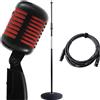 Pronomic DM-66BK/RD Microfono dinamico vocale Set - Vintage microfonico vocale retrò - Set economico con asta microfonica e cavo XLR - Nero/rosso