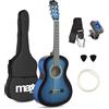 MAX SoloArt Junior chitarra acustica classica per bambini 3/4 per principianti da 8 a 12 anni, corde in nylon, legno di tiglio, set con custodia, accordatore, tracolla, plettri e corde extra