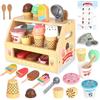 LIAILA Carretto Gelati Giocattolo in legno per bambini,set gelateria 36 pezzi con espositore e monete, Carretto Gelati Giocattolo per gioco di ruolo educativo per bambini da 3 anni