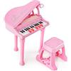 COSTWAY Tastiera Pianoforte a 31 Tasti per Bambini con Microfono e Sgabello, Tasti Giocattolo Portatile con Modalità di Insegnamento a LED, Pianoforte a Coda per Bambini 3+ Anni (Rosa)