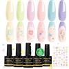 Shining She Smalto Semipermanente Unghie, TPO-Free HEMA-Free, 6 Colori Estiva Pastello Smalto Semipermanente con Adesivi a Motivi Floreali per Nail Art - Giallo Burro Rosa Verde Pesca Blu Lilla, 8ML