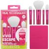 Real Techniques Vivid Escape - Set di 6 pennelli da trucco da viaggio, mini dimensioni, per ombretto, correttore, contorno e fard, include custodia cosmetica a specchio, cruelty-free e vegano