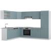 Vicco Cucina angolare completa R-Line, Grigio-blu/Bianco, 287 x 227 cm, PL Marmo, espandibile in modo flessibile con elementi modulari