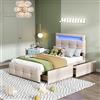 Idemon Letto imbottito 90 x 200 cm con luci a LED, 2 cassetti, imbottitura in lino delicata sulla pelle, letto singolo, letto per ragazzi (beige)