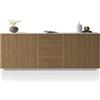 WHOUS Credenza e Buffet COSTE per Soggiorno con 4 Ante e 3 Cassetti, Madia in Stile Canneté per Salotto e Cucina in Legno, 220,1x43x86 cm, Bianco Opaco e Legno Chiaro