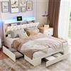 BIYFSDS Letto matrimoniale 140 x 190 cm con LED e USB, letto imbottito 140 x 190 con 3 cassetti di stoccaggio, letti 2 persone con doghe letto imbottito, telaio letto con cassetto (Beige-1, 140 x 190)
