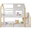 KecDuey Letto a castello con scala portaoggetti, 90 x 200 cm, letto per bambini, con griglia di protezione anticaduta, con finestra e tetto, scala in pino + MDF