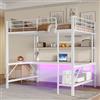 Goeria Letto a soppalco, 140 x 200 cm, ringhiera, scala a pioli, con USB e presa, con luci a LED, scrivania, scaffale a più piani, in metallo, senza materasso (bianco)