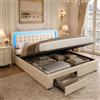 KeepGoon Letto Matrimoniale 140x190 cm con Contenitore Idraulico, LED RGB e Cassetti Frontali, Letto Imbottito Beige Effetto Velluto con Testiera Capitonné e Rete a Doghe, Senza Materasso