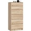 AKORD Cassettiera K60 con 6 Cassetti | Credenza Alta | Moderna Mobiletto per Soggiorno Sala da Pranzo Camera da Letto Corridoio Bagno | Armadio Cameretta | 60x130x40 cm, 43kg | Rovere Sonoma