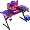 HLFURNIEU Scrivania Gaming LED 140 x 60 cm, Scrivania Gamer con Piano in Fibra di Carbonio, Postazione Gaming Ergonomico con Porta Bicchiere e Gancio per Casco, Tavolo Computer Nero