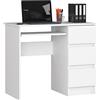 AKORD | Scrivania A-6 con Ripiano per Tastiera | Office Desk | 3 Cassetti a Destra | Scrittoio per Ufficio | Per Computer PC Laptop | 90x77x50 cm | 30 kg Bianco