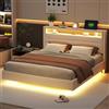 Autheria Letto Matrimoniale 160x200 cm con LED e USB, Letto una piazza e mezza con Spazio SullaTestiera e vano Portaoggetti, Letto Imbottito con rete a doghe, Struttura Letto Matrimoniale Beige
