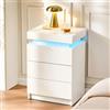 CLIPOP Comodino con 3 cassetti, bianco lucido frontale comodino con luci a LED e armadietto portaoggetti superiore, moderno comodino per camera da letto soggiorno